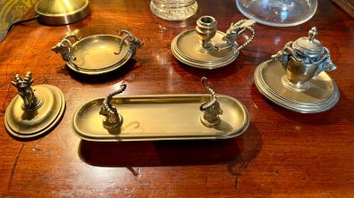 Antique Ram's Head Brass Partner's Desk Set