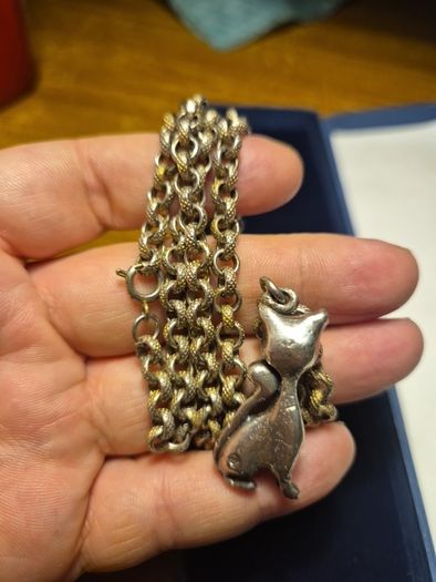 Vintage Stamped Sterling Silver Heavy Elaborate Chain and Cat Pendant