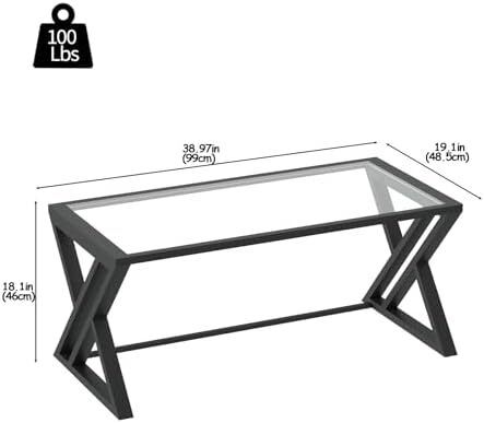 Coffee Table, Living Room Table, Center Tea Tables, Glass Coffee Table, End Sidetable with Black Metal Frame for Living Room Bedroom Office, Modern Open Design, 39 x 19 x 18 IN, Transparent Glass