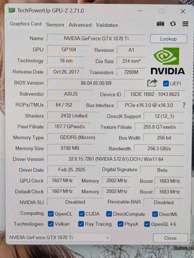 Asus Cerberus GTX 1070 Ti 8gb