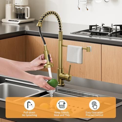 Gold Kitchen Mixer Tap with Pull-Out Spray, 2-Function Spring Faucet, 360 Swivel High-Arc Design, Hot & Cold Water