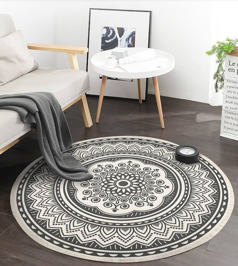 FREE P&P 4ft Circle Rug Round Area Rug Cotton Woven Rug with Tassels Boho Rug Washable Mandala Printed Carpet Indoor Floor Mat for Bedroom Living Room Kitchen