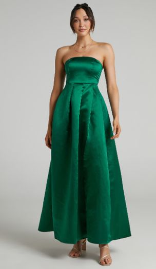 Showpo Queen Of The Night Strapless Maxi Dress In Emerald Satin Uk6 Xs Debs-wedding-formal Dress New
