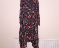 Monsoon Multicolor Pink Blue Houndstooth Pleated Asymmetrical Hem Long Sleeve Midi Dress 22UK/50EU