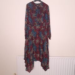 Monsoon Multicolor Pink Blue Houndstooth Pleated Asymmetrical Hem Long Sleeve Midi Dress 22UK/50EU