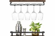 Wall Mounted Wine Shelves Set of 2 Wood Rustic Wine Bottle Glass Floating Racks with Stemware Hanger