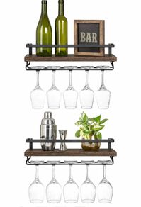 Wall Mounted Wine Shelves Set of 2 Wood Rustic Wine Bottle Glass Floating Racks with Stemware Hanger