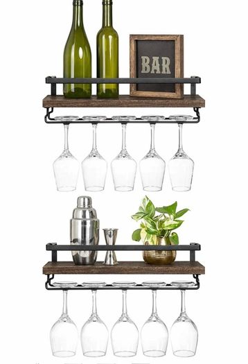 Wall Mounted Wine Shelves Set of 2 Wood Rustic Wine Bottle Glass Floating Racks with Stemware Hanger