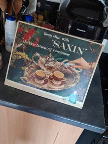 Antique Large Showcard Advertisement Sign SAXIN, Non-Fattening Sugar Substitute/Sweetener 1900s