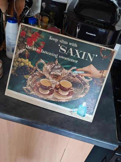 Antique Large Showcard Advertisement Sign SAXIN, Non-Fattening Sugar Substitute/Sweetener 1900s