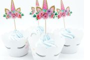 Unicorn Cup Cake Toppers (10 Cupcake Wrappers +10 Cake Toppers)