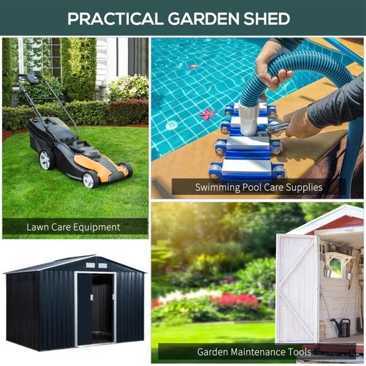 9 x 6FT Metal Shed Roofed Garden Shed Outdoor Storage Shed with Foundation Ventilation & Doors, Dark Grey (FREE POSTAGE)