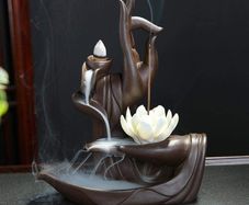 Handmade Backflow Incense Burner Lotus Monk Backflow Incense Holder Incense Cone Sticks Holder with 20pcs Backflow Incense Cones Home Decor Lotus