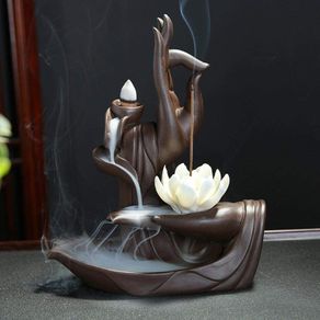Handmade Backflow Incense Burner Lotus Monk Backflow Incense Holder Incense Cone Sticks Holder with 20pcs Backflow Incense Cones Home Decor Lotus