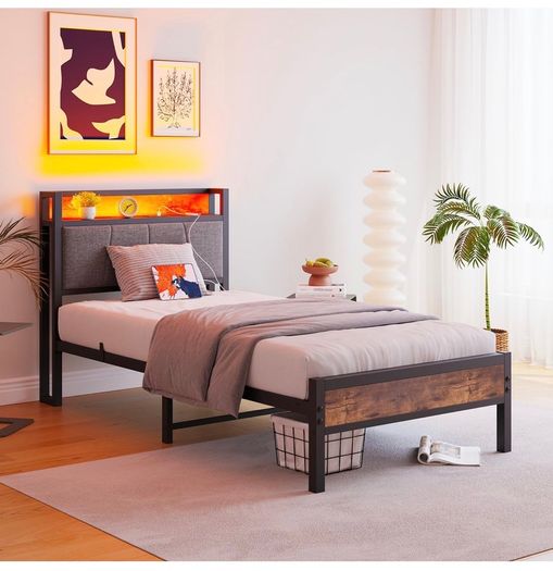 3ft Single Bed Frame with Storage Headboard,LED Lights,Metal Upholstered Platform Bed Frame with Charging Station,Mattress Foundation/Strong Slats Support/Under-bed Storage/Easy Assembly/Brown