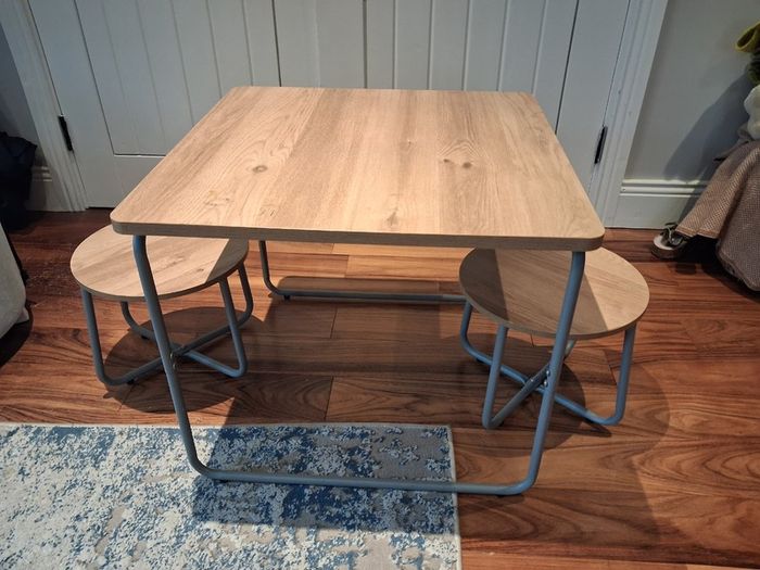 Childrens square table and two stools set