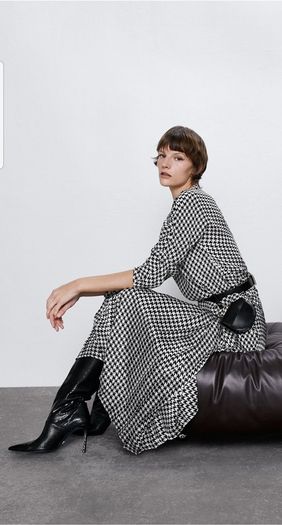 Zara midi black and white box pleated hundstooth skirt XS