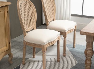 Set of 2 Dining Chairs, Viennese Cane, Solid Wood, 49 cm x 56 cm x 96 cm, Cream White + Natural
