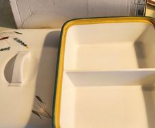 A vintage Denby Greenwheat Divieded oblong lidded serving dish.