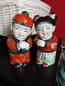 Vintage Chinese Oriental Hand Painted "Lucky Children" Ceramic Dolls - Pair