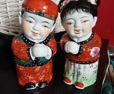 Vintage Chinese Oriental Hand Painted "Lucky Children" Ceramic Dolls - Pair