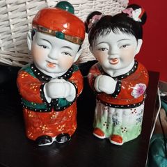 Vintage Chinese Oriental Hand Painted "Lucky Children" Ceramic Dolls - Pair