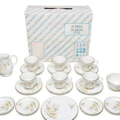Marlborough 21 Piece Tea Service - English Bone China - Floral Gold Rim - Boxed - 6 Trios