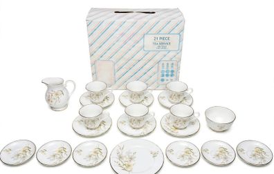 Marlborough 21 Piece Tea Service - English Bone China - Floral Gold Rim - Boxed - 6 Trios