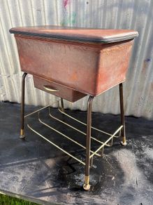 Vintage Kitsch vinyl covered sowing box stool with magazine rack c1950