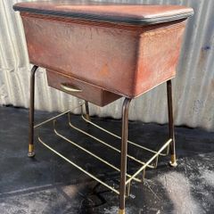 Vintage Kitsch vinyl covered sowing box stool with magazine rack c1950