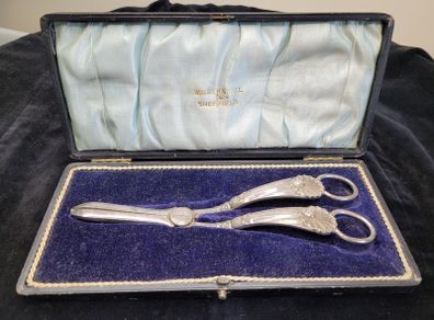Antique Victorian Walker & Hall Grape Scissors - Sheffield Plated - Cased 1893