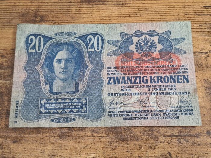 Austria-Hungary, 20 Kronen banknote, 2 January 1913, circulated, with overprint - free standard postage