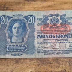 Austria-Hungary, 20 Kronen banknote, 2 January 1913, circulated, with overprint - free standard postage