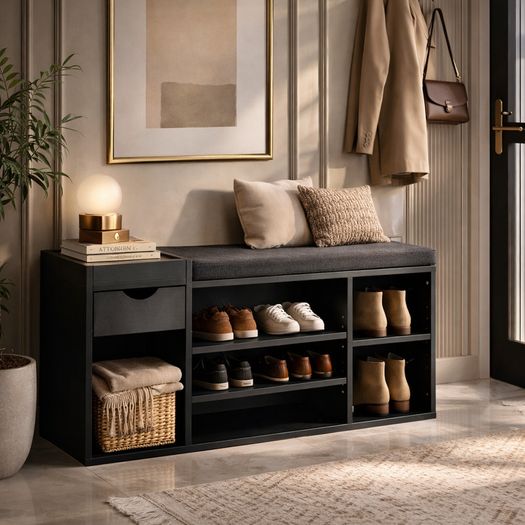 Black Shoe Storage Bench with Cushion & Drawer