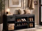 Black Shoe Storage Bench with Cushion & Drawer