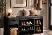 Black Shoe Storage Bench with Cushion &amp; Drawer