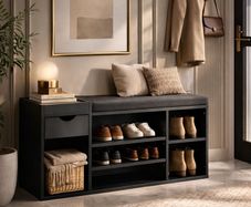Black Shoe Storage Bench with Cushion & Drawer