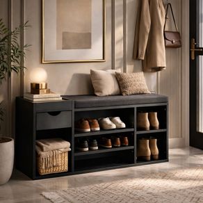 Black Shoe Storage Bench with Cushion & Drawer