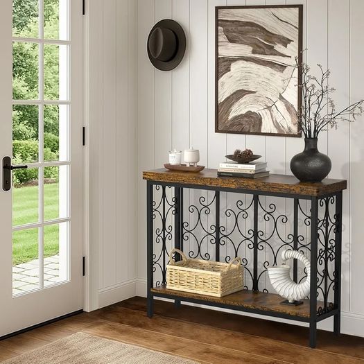 Console Table - 42.5" Industrial Hallway Table with 2-Tier Storage Shelf, Wood Behind Sofa Table Plant Stand Shelf TV Stand for Entryway, Living Room, Foyer, Rustic Brown