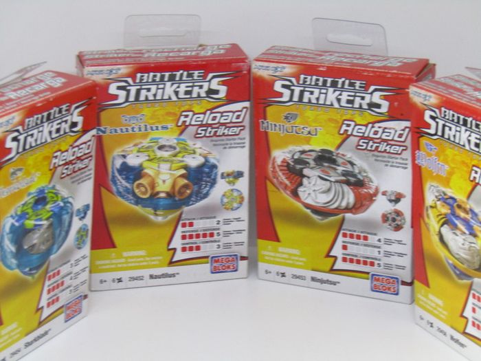 Lot of 4 Mega Bloks Magnext Battle Strikers Turbo Tops Reload Striker Nautilus 29452 Sharkblade 29454 Ninjutsu 29453 Striker Wolfen 29456 All New Sealed
