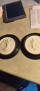 SET OF THE 2 Plaques are likely vintage Royal Copenhagen Denmark bisque porcelain reliefs depicting "Night" and "Day".