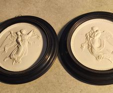 SET OF THE 2 Plaques are likely vintage Royal Copenhagen Denmark bisque porcelain reliefs depicting "Night" and "Day".