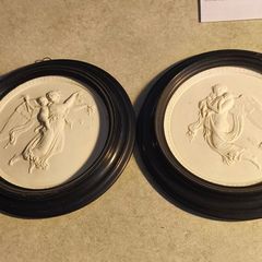 SET OF THE 2 Plaques are likely vintage Royal Copenhagen Denmark bisque porcelain reliefs depicting "Night" and "Day".