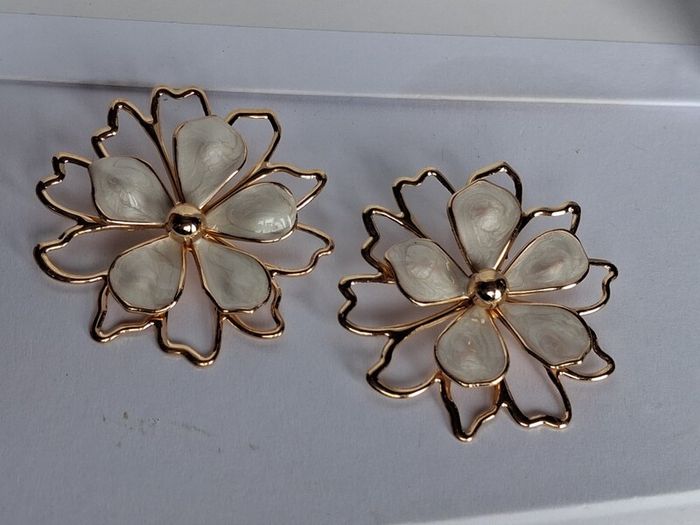 Gold & Cream Sakura Blossom Floral Statement Earrings