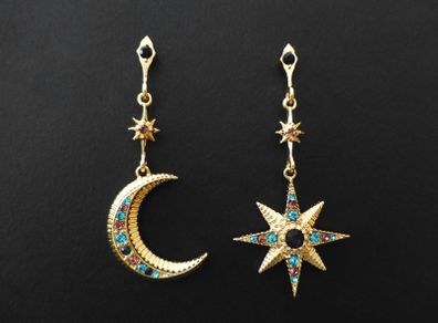 Star Starburst Moon Drop Dangle Earrings
