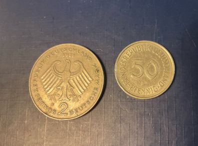 50 Pfennig 1981 coin AND commemorative 1971 2 Deutsche Mark coin