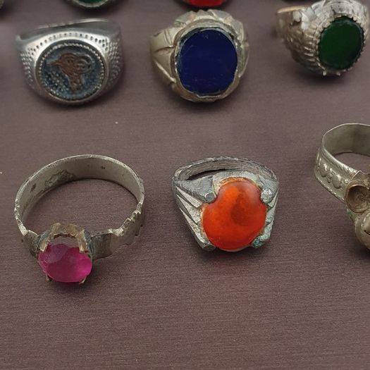 Antique Brass Rings Lot of 15 Mixed Gemstone & Glass Collectible Rings