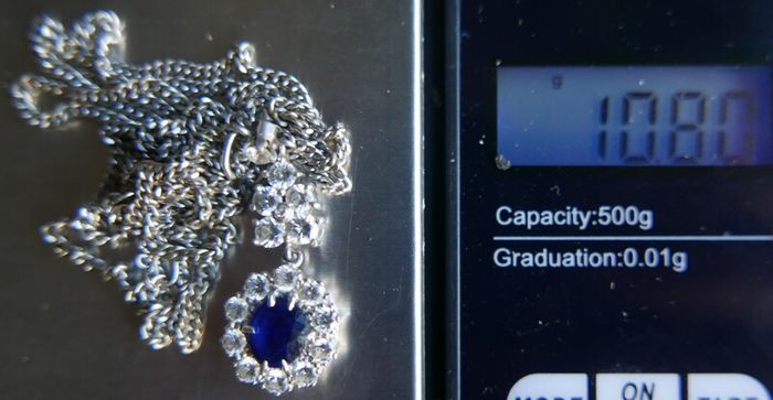 Vintage Circa 1990s 18k white Gold 750 Natural Diamonds and Sapphire Decorated Necklace L 13,5" - 10,80g