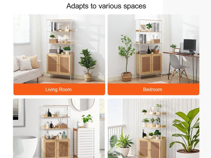 Rattan Bookshelf, Ladder Shelf with 2 Doors, Rectangle Freestanding Open Storage Bookcase