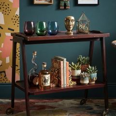 Mid-Century Modern Wooden Serving Cart / Bar Trolley with Removable Tray